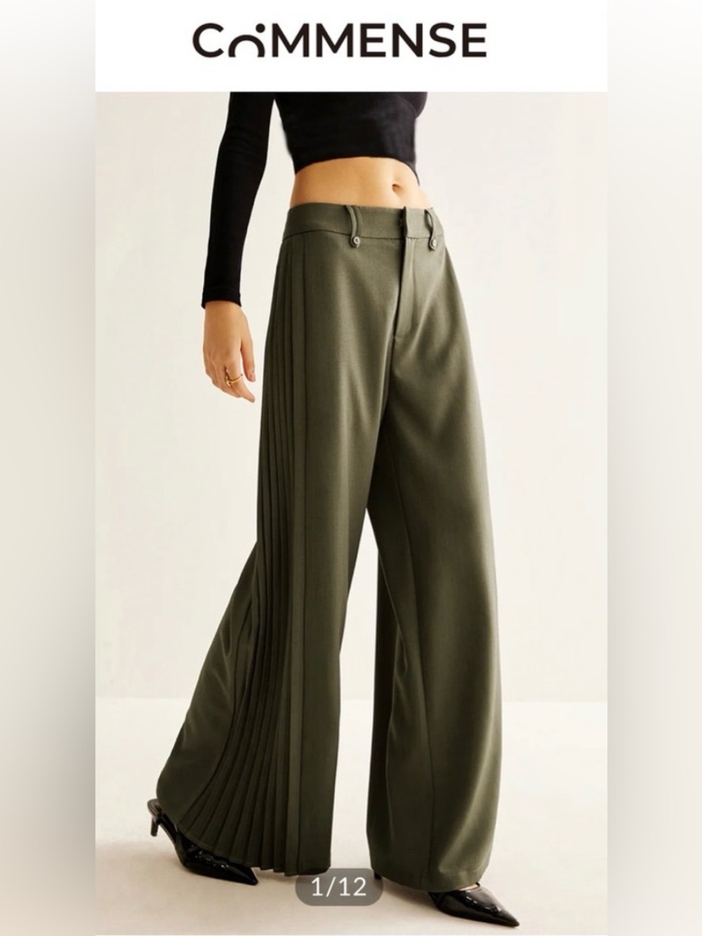 Commense Olive Green Side-pleated wide leg pants- NWT - Picture 8 of 8
